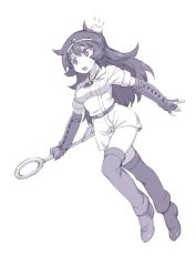 Rule 34 | 1girl, :o, bad id, bad pixiv id, belt, boots, druaga no tou, flying, gloves, greyscale, head bump, injury, kai (kai no bouken), kai no bouken, key, ki (druaga), long hair, monochrome, oversized object, purple theme, simple background, solo, sumaki shungo, sweatdrop, thigh boots, thighhighs, vambraces, white background