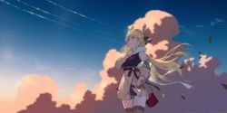 Rule 34 | 1girl, :d, azur lane, bag, bare shoulders, black shirt, blonde hair, blue eyes, blue sky, blurry, breasts, brown coat, brown thighhighs, cloud, coat, contrail, cowboy shot, day, floating hair, grey panties, hair ornament, hairclip, hand in pocket, hand up, handbag, highres, large breasts, laurel crown, leaf, long hair, long sleeves, looking away, looking up, off shoulder, open mouth, outdoors, panties, scarf, shirt, signature, sky, sleeveless, sleeveless shirt, smile, solo, standing, swd3e2, thighhighs, thighs, underwear, very long hair, victorious (azur lane), victorious (the goddess&#039; day off) (azur lane), white scarf, wide shot