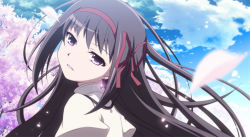 Rule 34 | 10s, 1girl, akemi homura, akuma homura, anime coloring, black hair, blue sky, bow, cherry blossoms, cloud, cloudy sky, day, earrings, from side, hair bow, hair ribbon, head tilt, izumi bell, jewelry, long hair, looking at viewer, mahou shoujo madoka magica, mahou shoujo madoka magica: hangyaku no monogatari, open mouth, outdoors, petals, purple eyes, ribbon, sky, solo, spoilers, tree, upper body