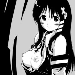 Rule 34 | 1girl, breasts, greyscale, monochrome, nipples, open clothes, open shirt, os-tan, shirt, solo, xp-tan