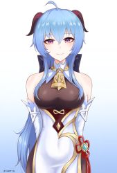 Rule 34 | 1girl, absurdres, ahoge, arms behind back, bare shoulders, bell, blue hair, breasts, chinese knot, covered navel, detached sleeves, flower knot, ganyu (genshin impact), genshin impact, gradient background, highres, horns, lazier, long hair, looking at viewer, medium breasts, neck bell, purple eyes, sidelocks, smile, solo, standing, vision (genshin impact), white sleeves