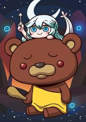Rule 34 | 1girl, :&gt;, april fools, aqua eyes, aqua hair, arrow (projectile), artemis (fate), bear, blush stickers, chibi, club (weapon), fate/grand order, fate (series), moon, official art, orion (bear) (fate), red eyes, riyo (lyomsnpmp), role reversal, smile, weapon