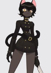Rule 34 | 1girl, animal ears, belt, black gloves, black hair, buttons, cat ears, cat girl, cat tail, colo (nagrolaz), double-breasted, dress, female focus, furry, furry female, gloves, hair between eyes, highres, holding, holding knife, jacket, knife, looking at viewer, original, short dress, short hair, simple background, solo, tail, white background, yellow eyes