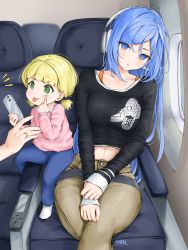 Rule 34 | 1other, 2girls, :p, airplane interior, black shirt, blonde hair, blue eyes, blue hair, blue pants, blunt bangs, bra strap, breasts, cellphone, chaesu, collarbone, commentary, crop top, empty eyes, english commentary, green eyes, grey pants, head rest, headphones, highres, holding, holding phone, jewelry, leaning to the side, long hair, long sleeves, looking at viewer, midriff, bae minah (chaesu), multiple girls, no shoes, open mouth, original, pants, parted lips, phone, pink shirt, ring, shirt, sitting, sleeves past wrists, smartphone, smile, socks, taut clothes, taut shirt, thighs, tongue, tongue out, v arms, very long hair, white socks