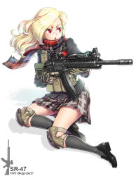 Rule 34 | 1girl, assault rifle, black legwear, blazer, blonde hair, freckles, full body, gloves, gun, jacket, knee pads, kws, laser, laser pointer projection, laser sight, loafers, long hair, magazine (weapon), military, open mouth, original, plaid, plaid scarf, plaid skirt, red eyes, rifle, scarf, school uniform, scope, shoes, simple background, skirt, solo, sr-47, trigger discipline, weapon, white background