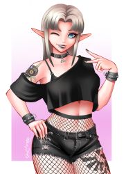 Rule 34 | 1girl, ;), absurdres, arm tattoo, black bra, black eyeshadow, black nails, black shorts, blue eyes, bra, bra strap, breasts, brown hair, collar, collarbone, commentary, contemporary, contrapposto, crop top, cutoffs, denim, denim shorts, english commentary, eyeshadow, fishnet pantyhose, fishnets, goth fashion, gothic, hand on own hip, high-waist pantyhose, highres, idolmaster, inward v, jackary, leg tattoo, long hair, long pointy ears, majora (entity), makeup, midriff, nail polish, navel, nintendo, off shoulder, one eye closed, pantyhose, pink lips, pointy ears, princess zelda, punkish gothic, punkish gothic (idolmaster), revision, shorts, silver hair, small breasts, smile, solo, stomach, studded collar, super smash bros., tattoo, the legend of zelda, the legend of zelda: a link between worlds, the legend of zelda: majora&#039;s mask, triforce, underwear, v
