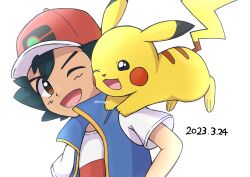 Rule 34 | 1boy, ;d, ash ketchum, black hair, blue jacket, brown eyes, commentary request, creatures (company), dated, game freak, gen 1 pokemon, hat, highres, jacket, male focus, nintendo, one eye closed, open mouth, pikachu, pitorigoto, pokemon, pokemon (anime), pokemon (creature), pokemon journeys, red headwear, shirt, short hair, short sleeves, simple background, sleeveless, sleeveless jacket, smile, t-shirt, white background, white shirt