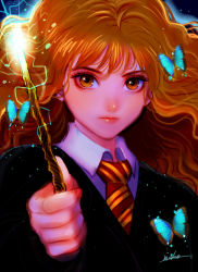 Rule 34 | 1girl, blue butterfly, brown eyes, bug, butterfly, curly hair, duplicate, harry potter (series), hermione granger, insect, long hair, looking at viewer, necktie, nyamunekonabe, orange hair, pixel-perfect duplicate, school uniform, signature, uniform, wizarding world