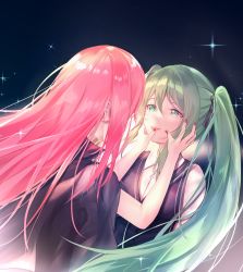 Rule 34 | 2girls, absurdres, black vest, collared shirt, crying, crying with eyes open, dress shirt, floating hair, green eyes, green hair, hatsune miku, highres, long hair, looking at another, megurine luka, multiple girls, nail polish, parted lips, pink hair, red nails, samuine8, shirt, smile, tears, twintails, very long hair, vest, vocaloid, white shirt, wing collar