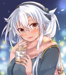Rule 34 | 1girl, alternate costume, artist logo, bottle, commentary request, dark-skinned female, dark skin, dated, glasses, hairband, highres, jewelry, kantai collection, long hair, looking at viewer, mashiro yukiya, musashi (kancolle), musashi kai ni (kancolle), one-hour drawing challenge, open mouth, orange scarf, plaid, plaid scarf, pointy hair, red eyes, ring, scarf, semi-rimless eyewear, silver hair, smile, solo, under-rim eyewear, unmoving pattern, upper body, wedding band