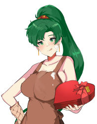 Rule 34 | 1girl, :q, absurdres, apron, blush, bow, box, breasts, brown apron, cleavage, closed mouth, collarbone, cream, earrings, fire emblem, fire emblem: the blazing blade, food, food on face, gift, gift box, green eyes, green hair, hand on own hip, head tilt, heart, heart-shaped box, high ponytail, highres, holding, holding box, holding gift, jewelry, large breasts, long hair, looking at viewer, lyn (fire emblem), naked apron, nintendo, nose blush, ormille, oven mitts, red bow, simple background, smile, solo, suggestive fluid, tongue, tongue out, very long hair, white background
