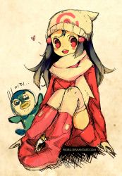 Rule 34 | 00s, 1girl, bad id, bad pixiv id, bird, blue hair, blush, blush stickers, boots, creatures (company), dawn (pokemon), doodle, dress, full body, game freak, gen 4 pokemon, hair ornament, hat, looking at viewer, nintendo, open mouth, penguin, pikiru, pink footwear, piplup, pokemon, pokemon (creature), pokemon dppt, scarf, sitting, watermark, web address, winter clothes