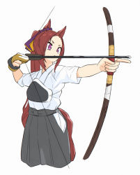 Rule 34 | 1girl, absurdres, animal ears, appleq, archery, arrow (projectile), bow (weapon), brown hair, commentary request, drawing bow, facing away, from side, gloves, grey hakama, hakama, hakama skirt, highres, hip vent, holding, holding bow (weapon), holding weapon, horse ears, horse girl, horse tail, japanese clothes, kyuudou, long hair, muneate, partially fingerless gloves, partly fingerless gloves, purple eyes, sakura bakushin o (umamusume), short sleeves, simple background, single glove, skirt, solo, tail, umamusume, weapon, white background, yugake