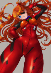 Rule 34 | 10s, 1girl, blue eyes, bodysuit, boken fantasy, bracer, breasts, breasts apart, closed mouth, cowboy shot, crotch, evangelion: 3.0 you can (not) redo, expressionless, eyepatch, floating hair, from below, gloves, grey background, hair over one eye, hand on own hip, hand up, head tilt, headgear, highres, legs apart, long hair, looking at viewer, medium breasts, neon genesis evangelion, orange hair, pilot suit, plugsuit, rebuild of evangelion, simple background, solo, souryuu asuka langley, standing, tape, two side up, very long hair