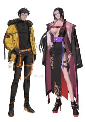 Rule 34 | 1boy, 1girl, absurdres, adapted costume, alternate costume, belt, bepo, black coat, black hair, black pants, blue eyes, boa hancock, boots, breasts, cleavage, closed mouth, clothing cutout, coat, commentary, dress, earrings, facial hair, finger tattoo, food, full body, fur-trimmed jacket, fur trim, goatee, gold nails, hand in pocket, hand on own hip, hand tattoo, heart, heart cutout, heart pirates jolly roger, heart print, high heel boots, high heels, highres, jacket, jewelry, jolly roger, knee boots, ksuke (k-taro31), kuja pirates jolly roger, large breasts, long hair, long sleeves, looking at viewer, looking to the side, one piece, one piece: stampede, onigiri, open clothes, pants, purple belt, red nails, short hair, simple background, snake earrings, snake print, symbol-only commentary, tattoo, thigh belt, thigh strap, trafalgar law, turtleneck, twitter username, two-tone dress, very long hair, white background, yellow eyes, yellow jacket, zipper