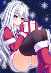 Rule 34 | 10s, 1girl, alternate costume, black thighhighs, blue eyes, boots, capelet, christmas, fur-trimmed boots, fur-trimmed sleeves, fur trim, gift, hibiki (kancolle), highres, holding, holding gift, kantai collection, long hair, mittens, panties, pantyshot, qunqing, red mittens, santa costume, silver hair, sitting, snow, snowflakes, solo, thighhighs, thighs, underwear, verniy (kancolle), white panties