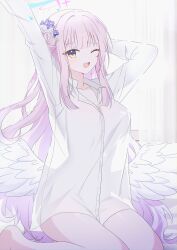 Rule 34 | 1girl, absurdres, angel wings, arm up, barefoot, blue archive, blush, collared shirt, feathered wings, flower, hair bun, hair flower, hair ornament, halo, highres, long hair, long sleeves, looking at viewer, mika (blue archive), one eye closed, open mouth, pink hair, pink halo, purple flower, seno (senohime), shirt, single side bun, solo, white shirt, white wings, wings, yellow eyes