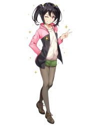 Rule 34 | 1girl, birthday, black hair, brown footwear, commentary, flat chest, full body, grin, hair bobbles, hair ornament, hand in pocket, highres, hood, hood down, hooded jacket, jacket, long hair, long sleeves, looking at viewer, love live!, love live! school idol festival, love live! school idol project, one eye closed, pantyhose, pink jacket, red eyes, senguyen1011, shoes, smile, solo, sparkle, standing, star (symbol), twintails, v, yazawa nico