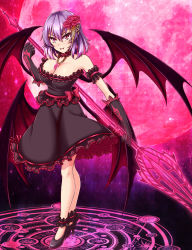 Rule 34 | 1girl, absurdres, aged up, alternate breast size, alternate color, alternate costume, arm strap, bad id, bad pixiv id, bare shoulders, bat wing, bat wings, black footwear, black shirt, black skirt, blush, breasts, choker, cleavage, clenched hand, colored eyelashes, earrings, energy, fangs, fangs out, flower, frilled choker, frilled shirt collar, frilled skirt, frills, full body, full moon, gem, gloves, glowing, glowing earrings, gradient background, gradient hair, hair between eyes, hair flower, hair ornament, hand up, head tilt, high heels, highres, holding, holding weapon, jewelry, large breasts, legs, light particles, looking at viewer, magic circle, moon, multicolored hair, multiple wings, necklace, no headwear, off-shoulder shirt, off shoulder, pendant, pink background, pink eyes, pink moon, print gloves, purple background, purple hair, red flower, red rose, remilia scarlet, rose, shirt, shoes, skirt, smile, solo, spear the gungnir, standing, symbolism, touhou, weapon, wings, zellam