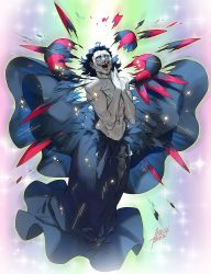 Rule 34 | 1boy, azusa (hws), black hair, blush, exploding clothes, fate/grand order, fate/zero, fate (series), gilles de rais (caster) (fate), gradient background, male focus, open mouth, own hands together, pale skin, rainbow background, signature, simple background, smile, solo, sparkle
