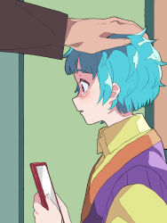Rule 34 | 1boy, 1girl, blue hair, blunt bangs, collared shirt, commentary request, father and daughter, from side, green background, headpat, highres, holding, holding tablet pc, messy hair, omega achihiko, omega auru, out of frame, pink eyes, pretty series, profile, purple vest, shirt, short hair, solo focus, tablet pc, tearing up, tsujii luki, upper body, vest, waccha primagi!, yellow shirt