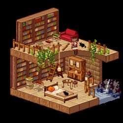 Rule 34 | 1girl, bed, black cat, blonde hair, book, bookshelf, cat, chair, couch, fence, hat, indoors, ivy, lowres, original, pillow, pixel art, solo, table, tozaki makoto, water, wooden fence