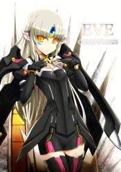 Rule 34 | 1girl, black gloves, black skirt, black thighhighs, breasts, character name, cleavage, code: nemesis (elsword), cowboy shot, elsword, eve (elsword), fingerless gloves, gloves, highres, long hair, looking at viewer, miniskirt, raven cronwell, shiny clothes, shiny skin, silver hair, skirt, small breasts, solo, standing, thighhighs, tora (huuunnji), very long hair, yellow eyes