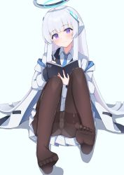 Rule 34 | absurdres, blue archive, book, commentary request, halo, headphones, highres, jacket, leg up, looking at viewer, necktie, no shoes, noa (blue archive), panties, panties under pantyhose, pantyhose, pen, purple eyes, sitting, smile, underwear, uniform, uro kohara, white background, writing