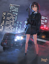 Rule 34 | 1girl, absurdres, artist name, assault rifle, black bow, black bowtie, black eyes, black gloves, black hair, black jacket, black skirt, blurry, blurry background, body armor, bow, bowtie, building, car, closed mouth, depth of field, dreadtie, dress shirt, fog, ford, frown, gloves, gun, highres, holding, holding gun, holding weapon, jacket, logo, long sleeves, looking to the side, magazine (weapon), miniskirt, motor vehicle, night, open clothes, open jacket, original, outdoors, pleated skirt, police, police car, rifle, shirt, short hair, signature, single horizontal stripe, skirt, solo, standing, truck, weapon, weapon request, white shirt, wing collar