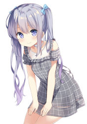 Rule 34 | 1girl, blue bow, blush, bow, breasts, choker, closed mouth, collarbone, commentary request, dress, fingernails, gradient hair, grey dress, grey hair, hair between eyes, hair bow, hands on own thighs, highres, leaning forward, long hair, mimura zaja, multicolored hair, original, plaid, plaid dress, puffy short sleeves, puffy sleeves, purple eyes, purple hair, see-through, short sleeves, sidelocks, simple background, small breasts, smile, solo, twintails, very long hair, white background, white choker