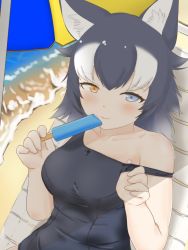 Rule 34 | 1girl, animal ear fluff, animal ears, artist name, black hair, blue eyes, blush, breasts, commentary, commentary request, food, grey wolf (kemono friends), heterochromia, highres, ice, kemono friends, kemono friends 3, looking at viewer, medium breasts, multicolored hair, ocean, off shoulder, popsicle, solo, two-tone hair, white hair, wolf ears, wolf girl, yellow eyes