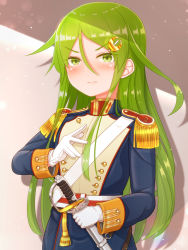 Rule 34 | 1girl, alternate costume, blush, closed mouth, crescent, crescent hair ornament, epaulettes, gloves, green eyes, green hair, hair ornament, highres, holding, holding sword, holding weapon, jacket, kantai collection, long hair, long sleeves, military, military uniform, nagatsuki (kancolle), sheath, sheathed, solo, suzushiro (gripen39), sword, uniform, upper body, weapon, white gloves