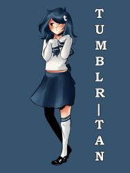 Rule 34 | 1girl, blue hair, female focus, full body, hair ornament, highres, long hair, long sleeves, one eye closed, open mouth, personification, school uniform, shoes, simple background, skirt, socks, solo, tumblr, wink