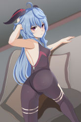 Rule 34 | 1girl, ahoge, aruman, ass, bare shoulders, blue hair, blush, bodysuit, breasts, cameltoe, covered erect nipples, from behind, ganyu (genshin impact), genshin impact, highres, horns, long hair, looking at viewer, looking back, open mouth, pantyhose, purple eyes, shiny clothes, sideboob, smile, solo, very long hair