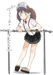 Rule 34 | 10s, 1girl, bad id, bad twitter id, black skirt, brown eyes, brown hair, chain, commentary request, flip-flops, kantai collection, kitsuneno denpachi, looking to the side, magatama, pleated skirt, ryuujou (kancolle), sandals, shirt, short sleeves, sketch, skirt, smile, solo, suspenders, translation request, twintails, visor cap, white background, white shirt