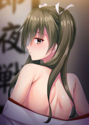 Rule 34 | 1girl, absurdres, back, back focus, blush, from behind, green eyes, green hair, hair between eyes, hair ribbon, highres, japanese clothes, kantai collection, long hair, looking back, open mouth, ribbon, ruin re birth, solo, twintails, upper body, white ribbon, zuikaku (kancolle)
