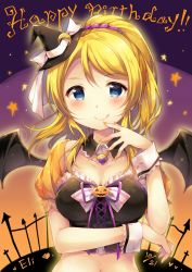 Rule 34 | 1girl, :q, ayase eli, bat wings, black hat, black wings, blush, bow, breasts, character name, cleavage, closed mouth, collarbone, commentary request, crop top, dated, detached collar, detached sleeves, fence, finger to mouth, frills, glint, hair bow, halloween costume, happy birthday, hat, hazuki (sutasuta), heart, highres, long hair, looking at viewer, love live!, love live! school idol festival, love live! school idol project, medium breasts, mini hat, mini witch hat, nail polish, navel, ponytail, puffy short sleeves, puffy sleeves, pumpkin, short sleeves, smile, solo, star (symbol), striped, striped bow, swept bangs, tareme, tongue, tongue out, upper body, white bow, wings, witch hat, wrist cuffs, yellow nails