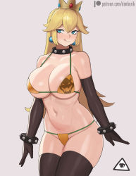 Rule 34 | 1girl, bikini, black gloves, black thighhighs, blonde hair, blue eyes, blush, bowser logo, bracelet, braid, breasts, closed mouth, collar, collarbone, cowboy shot, crown braid, donburi (donburikazoku), elbow gloves, gloves, grey background, highres, jewelry, large breasts, long hair, mario (series), navel, nintendo, orange bikini, princess peach, simple background, smile, solo, spiked bracelet, spiked collar, spikes, standing, super mario bros. 1, swimsuit, thighhighs, tongue, tongue out