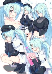 Rule 34 | 1girl, ahoge, aqua hair, belt, black footwear, black headwear, black shirt, black socks, blue archive, blush, book, breasts, cleavage, cloak, closed eyes, closed mouth, clothes lift, grey eyes, hair down, hair ornament, hair over one eye, hairclip, hat, heart, highres, hiyori (blue archive), holding, holding book, large breasts, legwear garter, long sleeves, looking at viewer, miso (misomiso 154), navel, open mouth, shirt, shirt lift, side ponytail, skirt, smile, socks, squatting, sweat, tearing up, white cloak, white skirt
