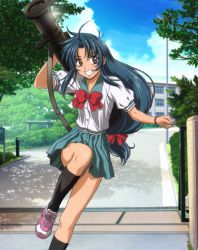 Rule 34 | 00s, 1girl, blue hair, brown eyes, chidori kaname, flat chest, full metal panic!, highres, long hair, low-tied long hair, rocket launcher, school uniform, smile, solo, third-party edit, weapon