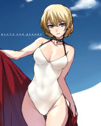 Rule 34 | 10s, 1girl, ban! (bansankan), bare shoulders, blonde hair, blue eyes, blue sky, braid, breasts, casual one-piece swimsuit, choker, cleavage, cloud, collarbone, copyright name, covered navel, darjeeling (girls und panzer), day, girls und panzer, groin, head tilt, highres, light smile, looking at viewer, one-piece swimsuit, parted lips, sky, solo, swept bangs, swimsuit, thigh gap, thighs, white one-piece swimsuit