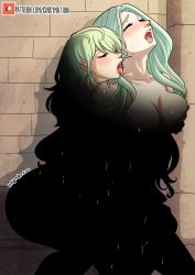 Rule 34 | blush, grabbing another&#039;s breast, breasts, byleth (female) (fire emblem), byleth (fire emblem), cleavage, dark, fangs, fire emblem, grabbing, green hair, highres, kinkymation, licking, nintendo, nipples, nude, open mouth, rhea (fire emblem), yuri