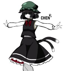 Rule 34 | 1girl, absurdres, animal ears, animal hat, bags under eyes, black skirt, cat ears, cat tail, chen, colored skin, dress, gap (touhou), hat, highres, long sleeves, mob cap, multiple tails, outstretched arms, paw print, red ribbon, ribbon, sakamuotoo, short hair, simple background, skirt, solo, tail, tongue, tongue out, touhou, two tails, white background, white skin
