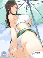 Rule 34 | 1girl, angry, ass, blue eyes, bracelet, breasts, brown hair, clenched teeth, clothes lift, cloud, commentary request, crop top, day, frown, garrison cap, girls und panzer, green hat, hat, highres, jewelry, large breasts, long hair, nakamura yukitoshi, nonna (girls und panzer), outdoors, pacific racing team, panties, parted bangs, race queen, shiny skin, skirt, skirt lift, solo, sweat, teeth, thick thighs, thighhighs, thighs, umbrella, underwear, viewfinder, white panties, white skirt, white thighhighs
