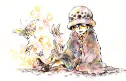 Rule 34 | 1boy, aged down, brown coat, bug, butterfly, child, coat, insect, male focus, mawari28, necktie, on ground, one piece, outdoors, red necktie, short hair, shorts, sitting, traditional media, trafalgar law, white headwear, yellow butterfly, yellow eyes