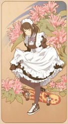 Rule 34 | 1girl, apron, bow, brown hair, commentary request, curtsey, closed eyes, flower, flower request, maid, maid apron, maid headdress, original, pantyhose, shoes, short hair, skateboard, sneakers, solo, suzushiro (suzushiro333)