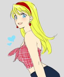 Rule 34 | 1girl, bare arms, bare shoulders, blonde hair, blue eyes, blush, earrings, food-themed earrings, food themed earrings, fullmetal alchemist, grey background, hairband, heart, jewelry, long hair, looking at viewer, open mouth, riru, shirt, smile, solo focus, strawberry earrings, striped clothes, striped shirt, winry rockbell