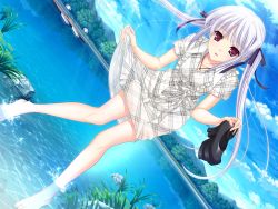 Rule 34 | 10s, 1girl, barefoot, boat, clothes lift, cloud, day, dress, dress lift, dutch angle, feet, game cg, grass, hair ribbon, holding, holding shoes, jewelry, komori kei, legs, lens flare, lisa eostre, long hair, looking at viewer, necklace, open mouth, outdoors, plaid, purple eyes, ribbon, see-through, shoes, unworn shoes, silver hair, sky, solo, standing, tree, twintails, wading, walkure romanze, water, watercraft