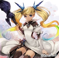 Rule 34 | 1girl, arm strap, artist name, black shorts, black thighhighs, blonde hair, blue eyes, breasts, floating hair, flower, granblue fantasy, hair ribbon, holding, holding staff, io (granblue fantasy), looking at viewer, moreshan, multicolored hair, pink flower, ribbon, short shorts, shorts, sitting, small breasts, smile, solo, staff, thighhighs, twintails