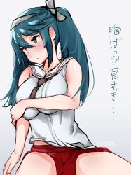 Rule 34 | 1girl, breasts, brown neckerchief, commentary request, green eyes, green hair, isuzu (kancolle), isuzu kai ni (kancolle), kantai collection, large breasts, looking to the side, mani oniniku, neckerchief, red skirt, sailor collar, shirt, sitting, skirt, sleeveless, sleeveless shirt, solo, translation request, white sailor collar, white shirt